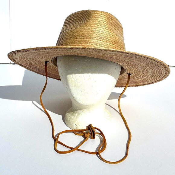 Women’s Gigi Pip Hand Woven Palm Leaves Straw Fedora Hat w/Strap Mexico Size 59